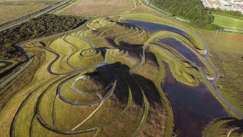 Aerial view of northumberlandia, a giant land sculpture of a female