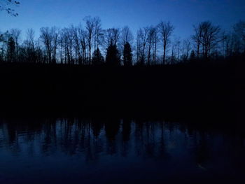 Silhouette trees by lake in forest against sky