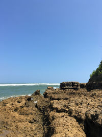 Scenic view of sea against clear blue sky