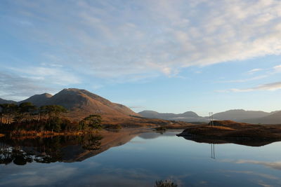 Scenic view of lake by mountains against sky