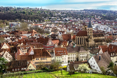 High angle shot of townscape against sky