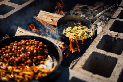 High angle view of food on barbecue grill