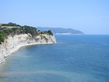 Scenic view of sea against clear blue sky