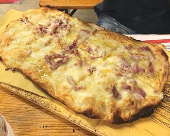 High angle view of pizza on table