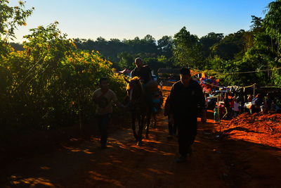 People standing by trees against sky