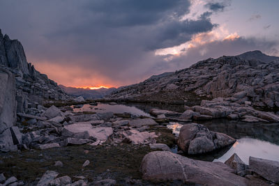 Scenic view of mountains against sky during sunset