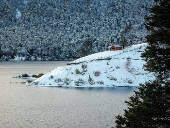 Scenic view of snow covered mountain by lake