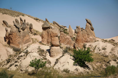 Low angle view of rock formation against clear sky