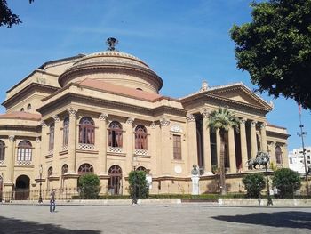 Facade of historic building against blue sky