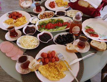 High angle view of breakfast served on table