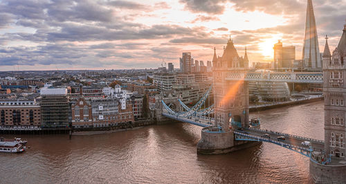 Aerial panoramic sunset view of london tower bridge and the river thames