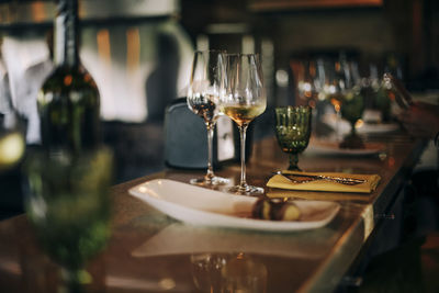 Glass of wine glasses on table in restaurant