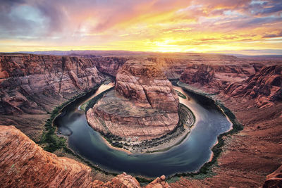 High angle view of rock formations at sunset