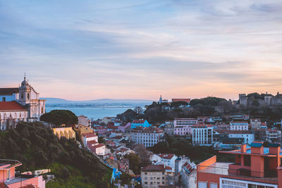 High angle shot of townscape against sky at sunset