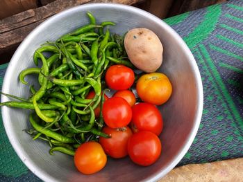 High angle view of vegetables in bowl on table