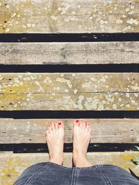 Low section of woman standing on wooden planks