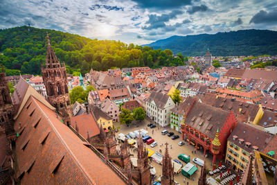 High angle view of buildings in town