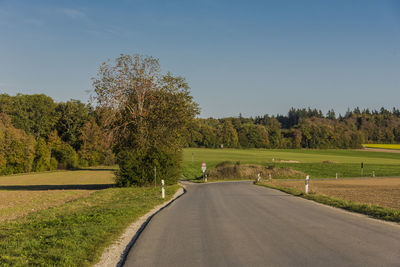 Road amidst trees on field against sky