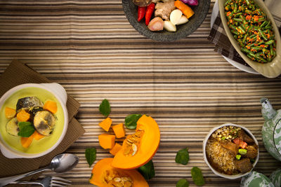 Directly above shot of fruits served on table