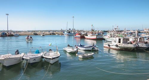 Sailboats moored in sea against clear sky