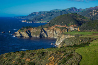 Scenic view of sea and mountains against sky