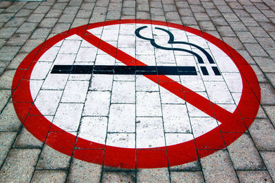 High angle view of no smoking sign on footpath