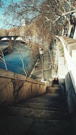 Steps amidst bare trees against sky