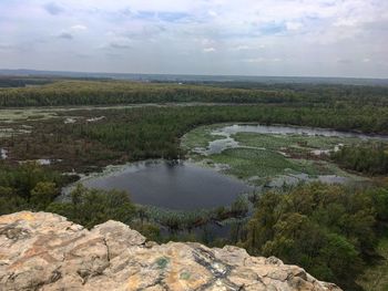 High angle view of lake against sky