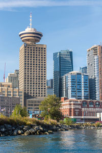 Downtown vancouver on a sunny day flying over via helijet helicopter