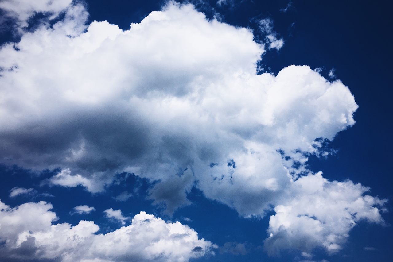 low angle view, sky, scenics, cloud - sky, beauty in nature, tranquility, blue, tranquil scene, cloudscape, nature, flying, cumulus cloud, majestic, day, cloud, heaven, outdoors, cloudy, fluffy, high up, adventure, atmosphere, dramatic sky