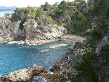 Scenic view of rock formation in sea