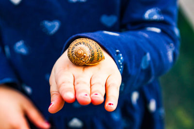 Midsection of woman with snail on hand