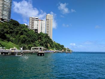 Scenic view of sea by buildings against sky