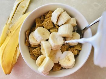 High angle view of breakfast on table