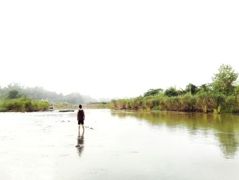 Rear view of woman on lake against clear sky