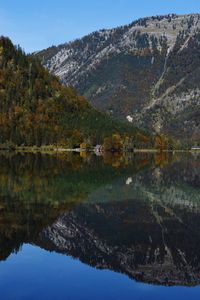 Scenic view of lake and mountains against sky