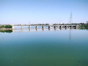 Scenic view of lake against clear blue sky