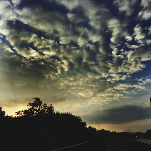 Low angle view of trees against dramatic sky