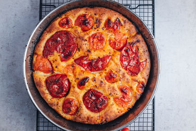 Directly above shot of pizza on table