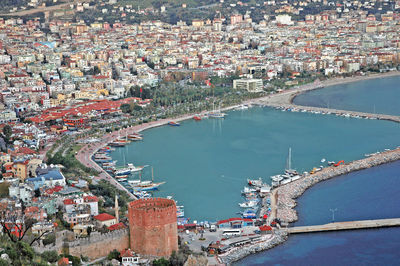 High angle view of river in town against sky