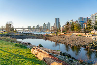 Scenic view of river by buildings against clear sky