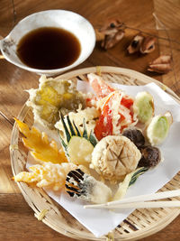 High angle view of food in plate on table