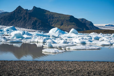 Scenic view of frozen lake against mountain range