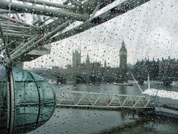 City seen through wet glass window