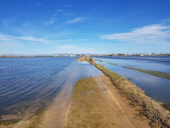 Scenic view of beach against blue sky