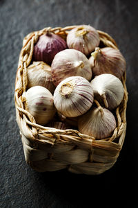 High angle view of eggs in basket