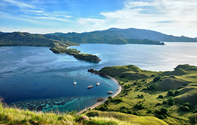 High angle view of bay against sky