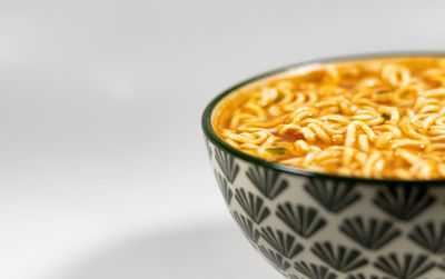 Close-up of soup in bowl against white background