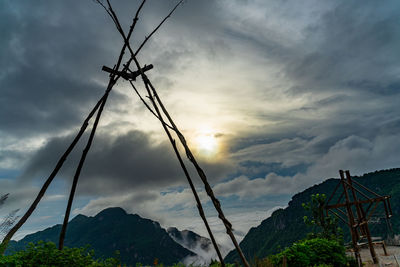 Low angle view of plants and mountains against sky