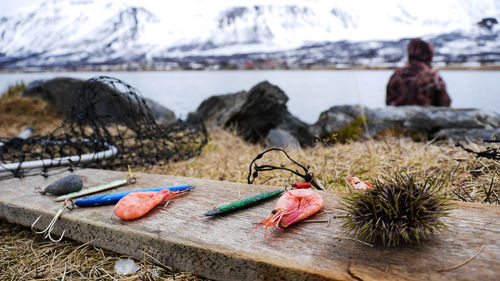 Scenic view of fishing staff in norway against mountain and sea